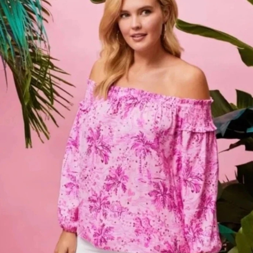 Lilly Pulitzer Blanche Off The Shoulder Top Wild About You Pink Blossom X SMALL